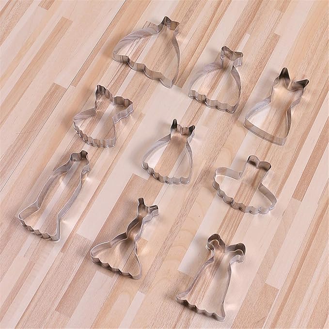 Mini Dress Cookie Cutter Set of 9 pcs, Stainless Steel Mini ONE-BITE SIZE Wedding Dress Shaped Fondant Cutters Baking Molds
