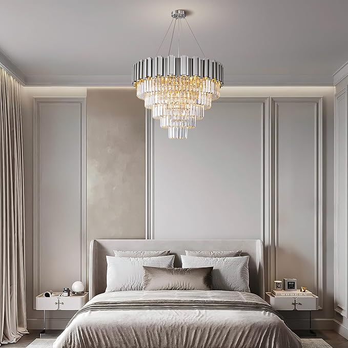 Modern Crystal Chandelier, 27.5" Silver Chandelier for Dining Room, 9-Light Luxury Round Chandeliers, 5-Tier Contemporary Light Fixture for Living Room, Bedroom, Foyer, Entryway