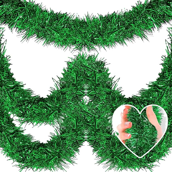 25 Feet Metallic Twist Tinsel Garland Backdrop for Parade Floats, Christmas Eve, New Year, Valentine's Day Party Decorations (Green, 4in x 25ft)