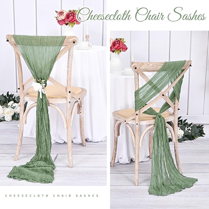 36 Pcs Sage Green Cheesecloth Chair Sashes, 16 x 108 inch Gauze Fabric Washable Chair Sashes Bows Designed for Aisle Decorations Universal Chair Cover Decor for Wedding Reception Party Banquet
