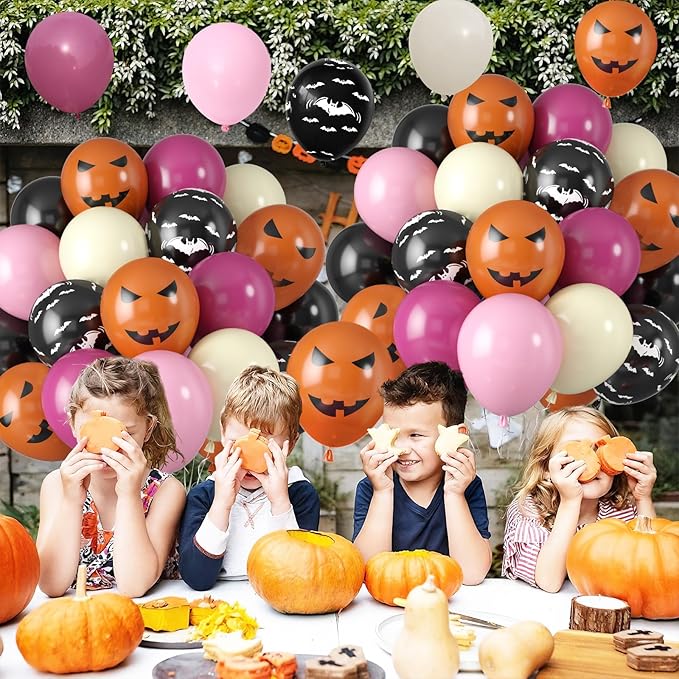 Halloween Party Balloons, Black Hot Pink Orange Balloons, Retro Peach Red Pastel Pink Balloon Black Bat Orange Pumpkin Printed Balloon for Halloween Birthday Baby Shower Home Garden Party Decoration