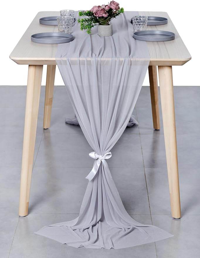 MDS Halloween Chiffon Table Runner - 5 Pack, 29 x 170 Inches, 14ft Each - Sheer Spooky Table Runners for Haunted House Parties, Trick-or-Treat Tables, Witchy Décor, Wedding & Events - Cool Gray