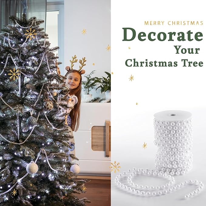 XINHUIDALSQ Craft String of Pearls 10 MM Faux Pearl Beaded, 33 Feet White Garland Bead String for Christmas Tree Decorations, Wedding Party Decoration (White, 10mm/10M)