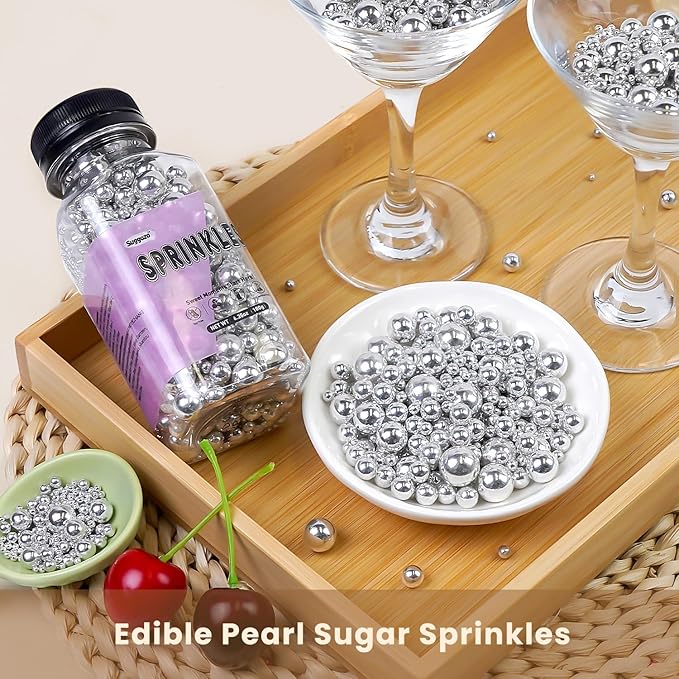 Edible Silver Pearl Sugar Sprinkles, Silver Pearls for Cake Decorating, Mix Size, 180g/6.35oz, Cake Decorations, Cupcake Toppers, Cookie Decoration, Wedding Party Supplies