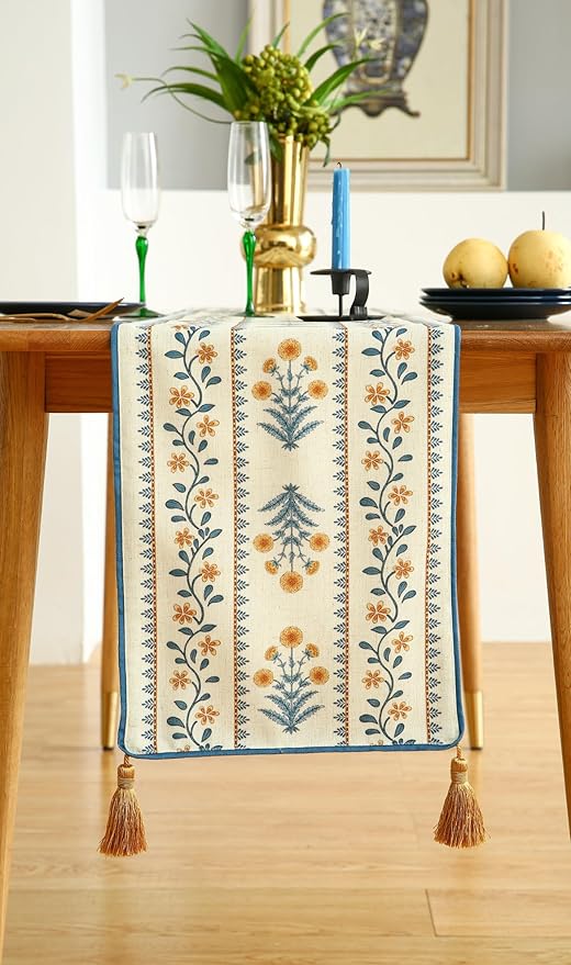 ISAENNE Designer Pale Yellow Elegant Linen Extra Long Table Runner 118 Inches,French Floral Pattern Elegant Table Runners for Dining Tables,Thanksgiving,Kitchen Tables,Christmas,12"*118"-Estevan A