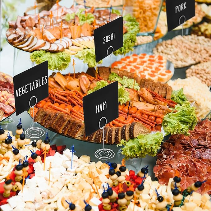 TecUnite 24 Pack Mini Chalkboard Signs, 4"x3" Small Table Place Cards with Metal Stand and 2 Marker Pens Food Labels for Party Buffet, Tabletop Blackboard Signs Name Tags for Wedding Bakery(Sliver)