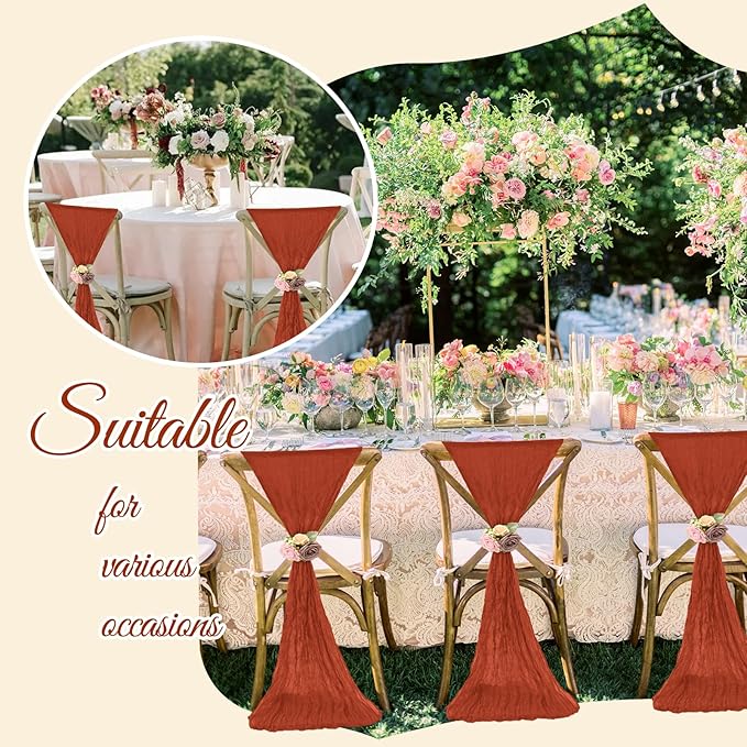 36 Pcs Terracotta Cheesecloth Chair Sashes, 16 x 108 inch Gauze Fabric Washable Chair Sashes Bows Designed for Aisle Decorations Universal Chair Cover Decor for Wedding Reception Party Banquet
