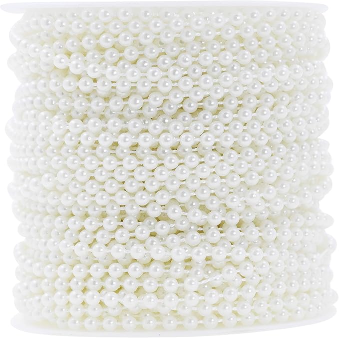 Mandala Crafts 4mm Faux White Pearl Beads Roll - 44 Yards Strand of Fake Pearls Chain Garlands Spool String for Christmas Tree, Wedding, Party, Vases, DIY Decoration
