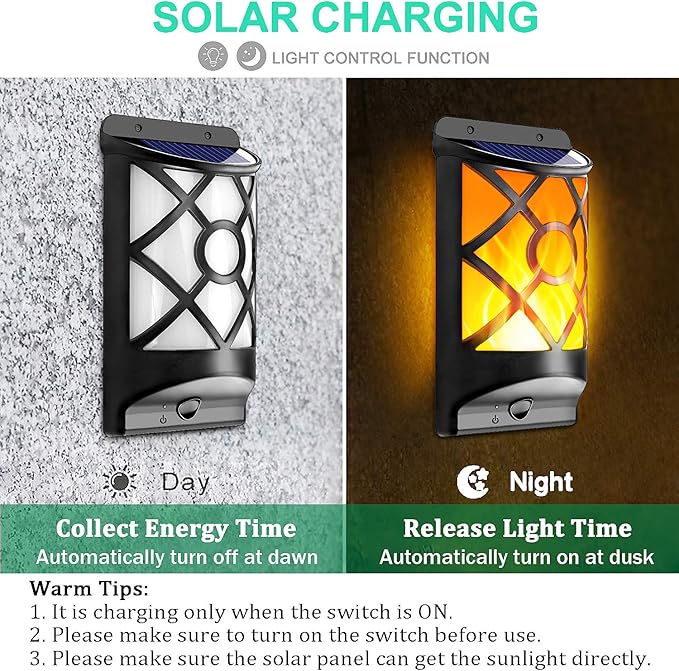 6 Pack Solar Flame Lights Outdoor Waterproof - Realistic 3D Flickering Flame Wall Lantern with 66 Ultra-Bright LEDs - Auto On/Off Fire Effect Lighting for Fence, Patio, Garden Decor
