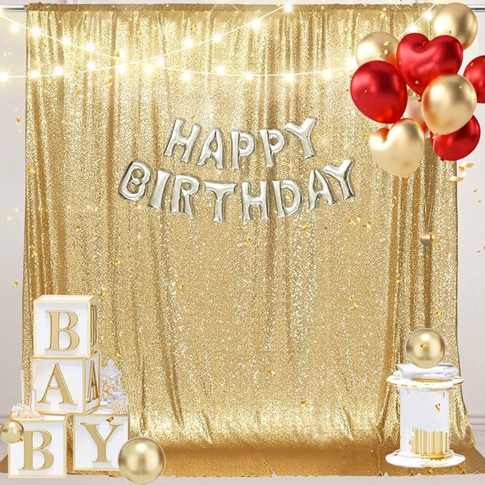 PartyDelight Sequin Backdrop Sparkly Gold 6Ft x 8Ft Photograph Wedding Curtain Special Events