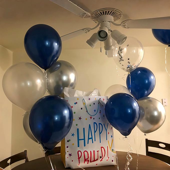 Navy Blue and Silver Balloons, Pearl Navy Blue Metallic Silver Latex Balloons Set Decor with 12 Inch Silver Blue Confetti Balloon for Boys Men Birthday Baby Shower Wedding Graduation Party Decorations