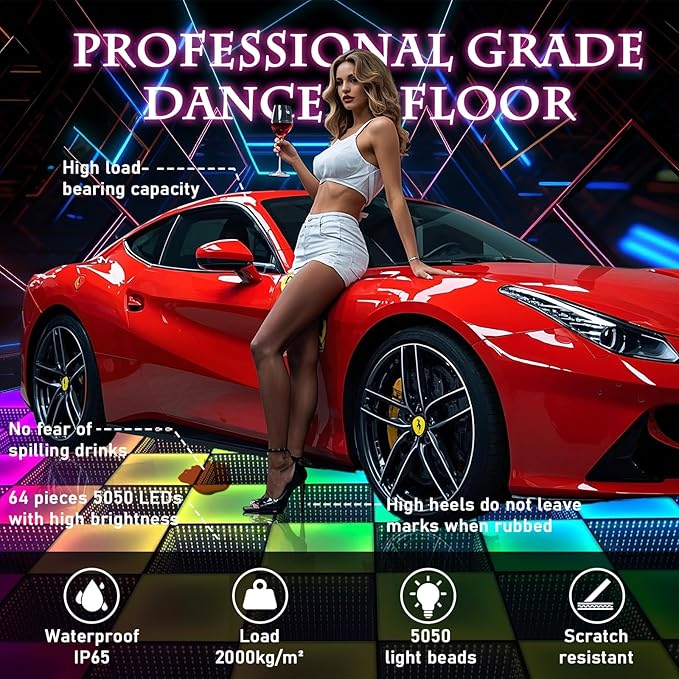 Dance Floor Stage Lights-Tempered Glass with Flight Case - RGB Color Changing Lights for Wedding, Party, Club - Non-Slip (3D&RGB -Magnetic, 8 * 8 FT)
