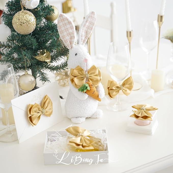 Gold Bows 4'' Premade Satin Ribbon Bow, Gift Bows with Rhinestone, Wrapping Bows for Presents, Greeting Cards, Treat Bags, Wine Bottles, Valentines Bows for Gift Wrapping-12 Counts