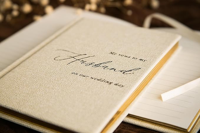 MUUJEE Hard Cover Vow Books (Set of 2) - Cream Canvas Linen Foil Embossed Wedding Ceremony Vow Renewal Speech Books, Couple Gifts for Engagement (To My Husband/Wife)