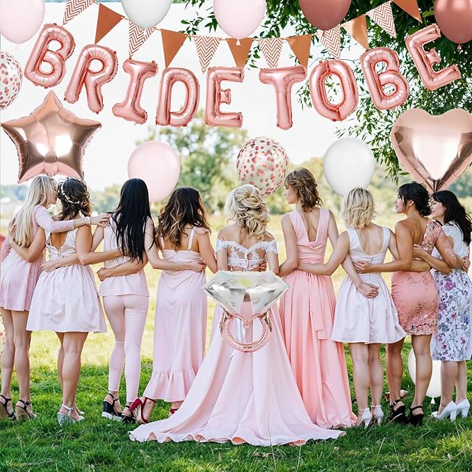 Rose Gold Bachelorette Party Decorations, Bride To Be Bridal Shower Balloons Decorations, Pink White Rose Gold Confetti Balloons and Diamond Ring Star Heart Balloon for Bachelorette Engagement Wedding