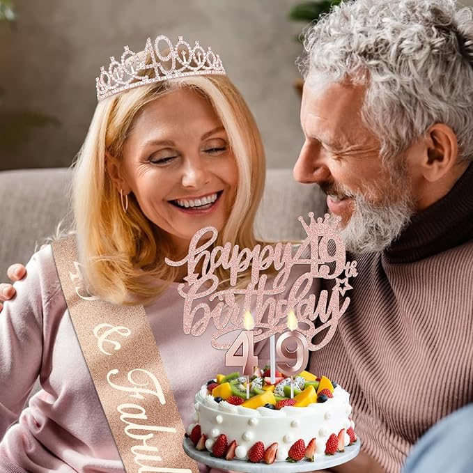 49 Birthday Decorations for Women Including Birthday Sash and Tiara, Cake Topper and Candles, 49 Year Old Gifts for Women, Rose Gold Party Favor Supplies