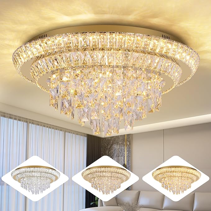 24 inch Crystal Gold Ceiling-Light Flush Mount with Remote Control and APP, 3CCT Dimmable & Brightness Adjustable, Modern Crystal Raindrop Chandeliers for Bedroom Hallway Dinning Room Living Room