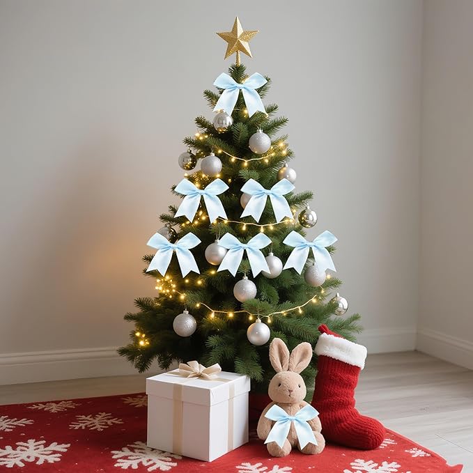50 Pieces Gift Wrap Bows Premium Satin Ribbon Bows 3.3 Inch Craft Bows for Gift Wrapping DIY Treat Bags Holiday Gifts Bag Party Decorations, Wedding Decor Christmas Birthday Presents (Light Blue)