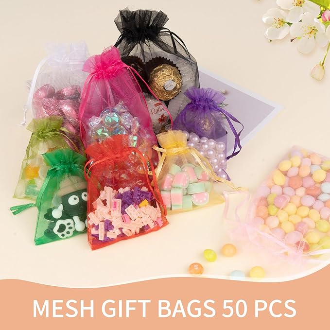 Organza Bags 3x4 Inch 50 Packs Small Mesh Gift Bags Drawstring Sachet Bags for Party Favor Wedding Baby Shower(Gold)