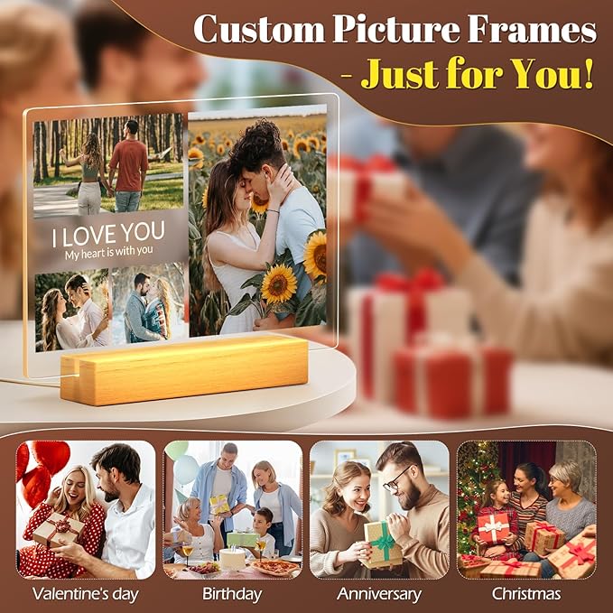 Personalized Anniversary Birthday Gifts for Women & Men, Custom Picture Frames with Photo, Personalized Photo Frame with Night Light, Custom Photo Gifts for Her, Him, Couple, Boyfriend, Girlfriend