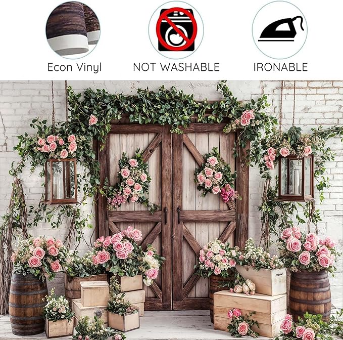 6x4ft Country Wedding Photography Backdrop Floral Rustic Roses Farmhouse Wooden Door Backdrop Pink Flower Birthday Baby Shower Wedding Bridal Party Banner Photo Booth Props Anniversary Background