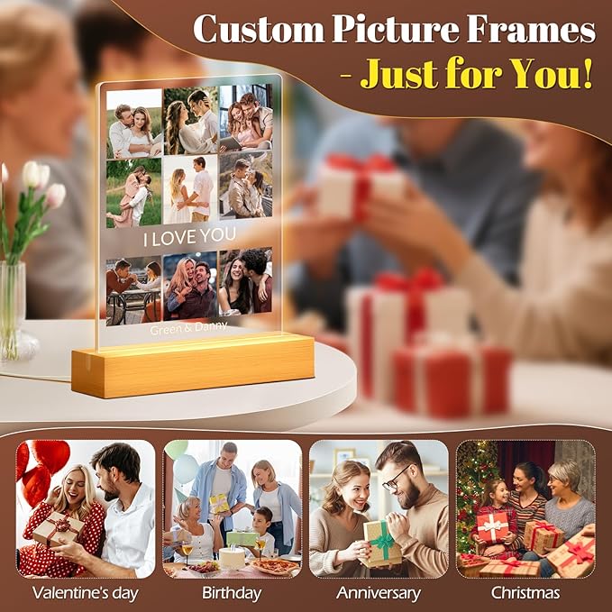 Custom Picture Frames with Photo, Personalized Photo Frame with Night Light, Customized Picture Frame, Personalized Anniversary Birthday Gifts for Women, Men, Him, Her, Girlfriend, Boyfriend, Couple