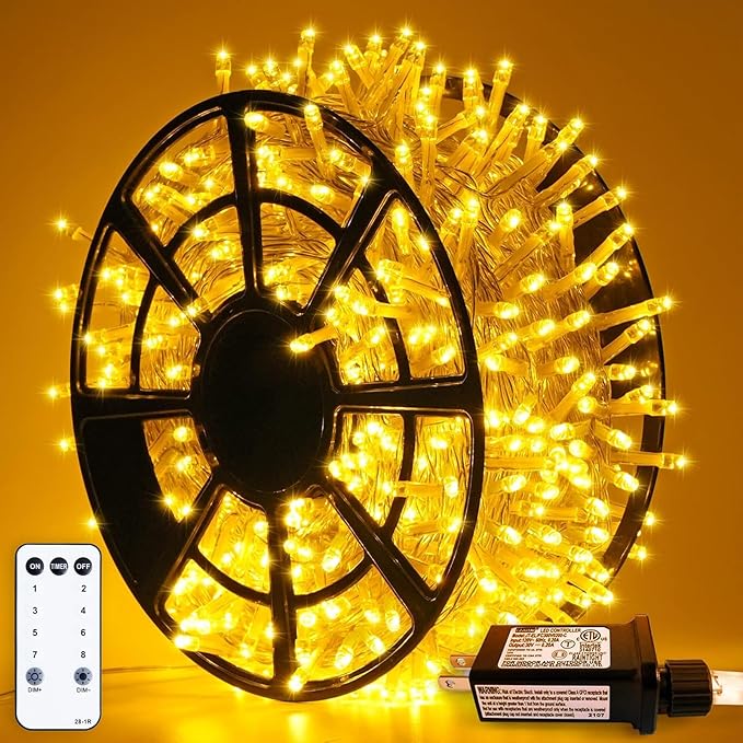 JMEXSUSS 163ft 500 LED Warm White Christmas Lights Outdoor, Clear Wire Plug-in String Lights Indoor Bedroom, 8 Modes Remote Control Christmas Tree Lights for Christmas Bedroom Tree Classroom