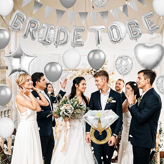 Silver Bachelorette Party Decorations, Silver Bride To Be Bridal Shower Balloons Decorations, Metallic White Balloon with Diamond Ring Star Heart Balloon for Bachelorette Engagement Wedding