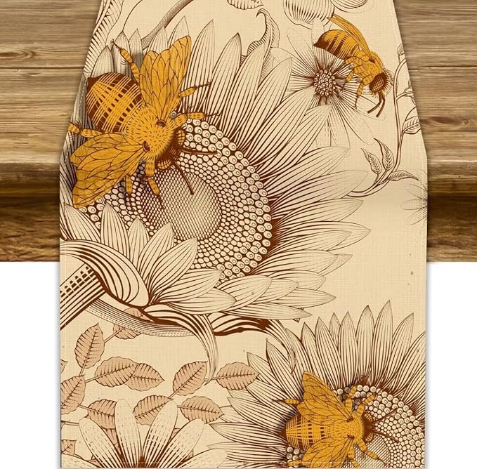Vintage Bee Table Runner, Rustic Retro Wildflowers Print Home Farmhouse Table Cover for Party Indoor Outdoor Decoration Kitchen Dining Table Decor, 13x70inch