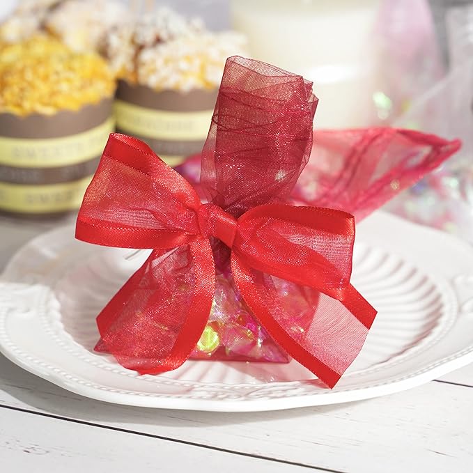 AIMUDI Red Bows for Crafts 4" Organza Bows Premade Twist Ties Bows for Gift Wrapping Crafts Treat Bags Baskets Cake Pop Baby Shower Birthday Wedding Christmas Decor - 12 Counts