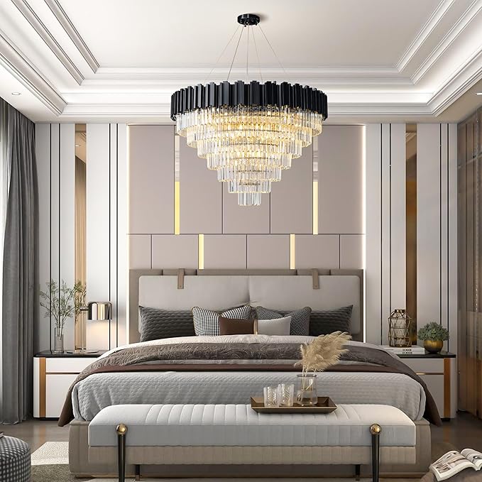 39" Black Crystal Chandelier, 21-Light Modern Luxury Round Chandelier, 7-Tier Contemporary Tiered Chandeliers Light Fixture for Dining Room, Living Room, Bedroom, Foyer, Entryway, Kitchen
