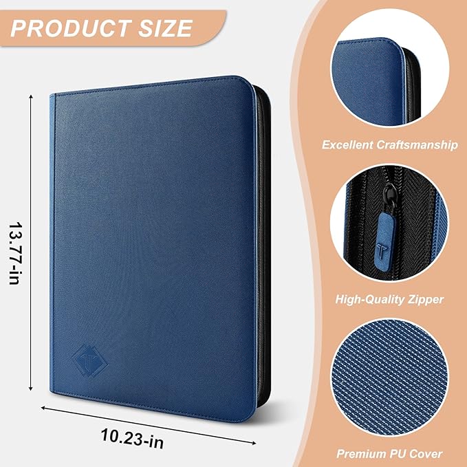 Trading Card Binder 9 Pocket, 432 Side-Loading TCG Album Folder Book Fit for MTG Baseball Football Sports Cards, Easy to Use Card Collection Binder with Zipper Blue