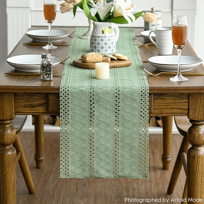 Artoid Mode Light Green Farmhouse Woven Rustic Hollow Table Runner, Seasonal Holiday Hollow Kitchen Dining Table Decoration for Home Party Decor 12x48 Inch
