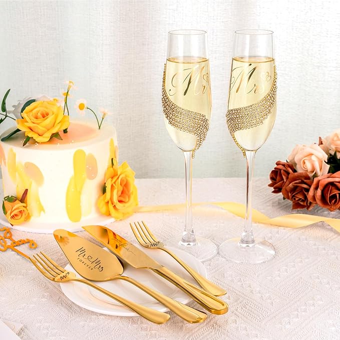 Wedding Cake Knife and Server Set, Gold Mr and Mrs Champagne Flutes and Cake Cutting Set for Wedding Bridal Shower Gifts (Gold)