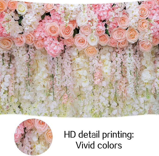 5x4ft Pink Rose Flower Wedding Photography Backdrop Spring Floral Photography Backdrop Valentine's Day Mother's Day Girl Birthday Baby Shower Wedding Bridal Party Banner Photo Booth Props Background