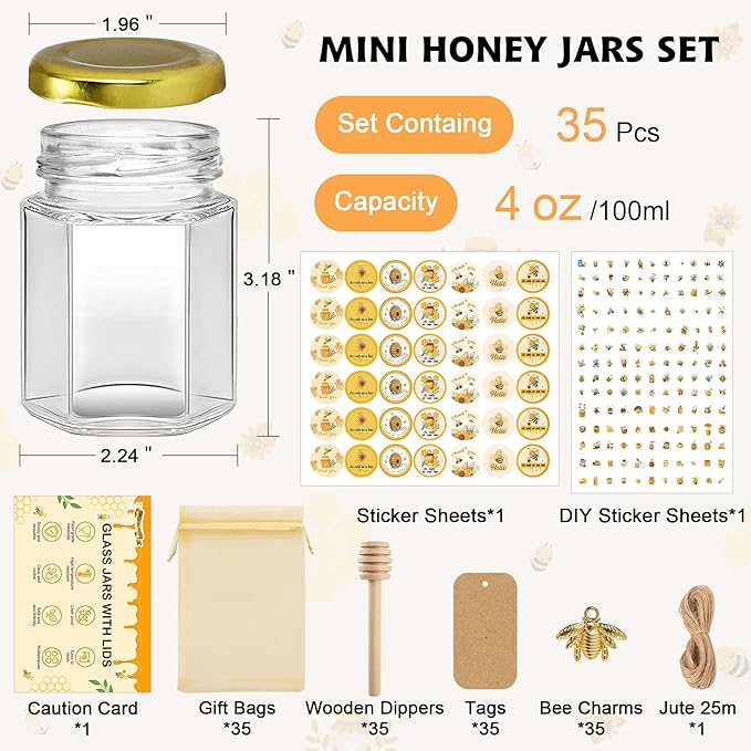 35 Pack 4 oz Mini Hexagon Glass Honey Jars with Dippers, Gold Lids, Bee Stickers, Bee Charms, Gift Bags & Jute– Empty Small Honey Jars for Party Favors Bulk, Ideal for Baby Showers ＆ Weddings