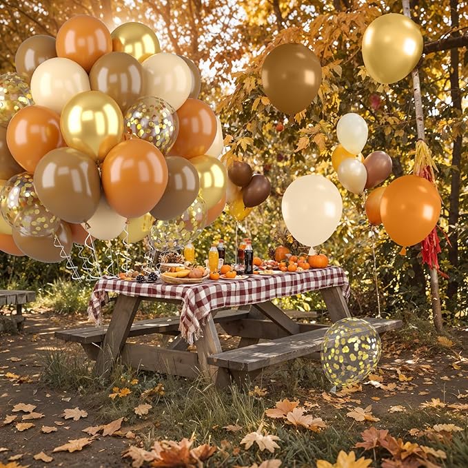 Fall Balloons, 52 PCS Brown Burnt Orange Autumn Balloons with Pumpkin & Maple Leaf Printed Balloon, Brown Sand White Balloon for Thanksgiving Gradution Pumpkin Baby Shower Fall Party Decorations