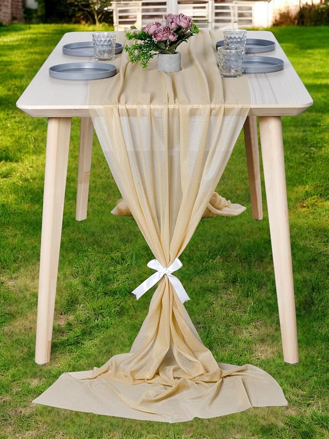 MDS 15 Pack 10ft Chiffon Table Runner 29 x 120 Inches Sheer Wedding Runner Romantic Rustic Table Runner for Wedding Decorations, Birthday Parties, Bridal Shower Party Arch Decor - Champagne Gold