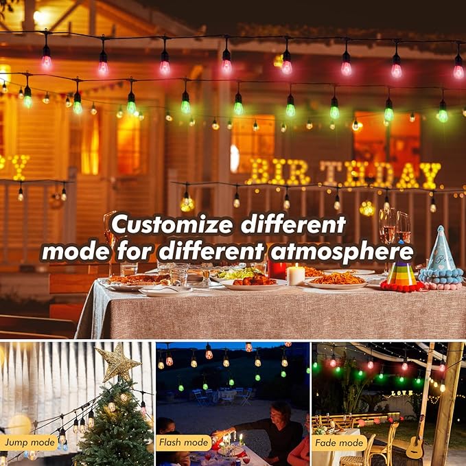 24FT Solar Outdoor String Lights, 12 Shatterproof Edison LED Bulbs, Dimmable RGB Color Changing Patio Lights Waterproof with Remote. for Patio Decor, Garden, Yard, Party, Bistro
