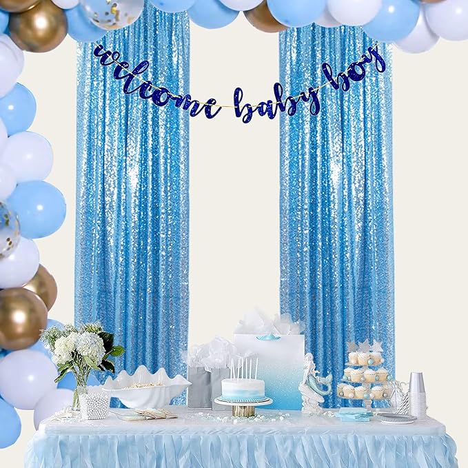 ShinyBeauty Sequin Curtains Baby Blue 2FTx8FT 4 Panels Sequin Backdrop for Photograph Shimmer Wall Light Blue Glitter Backdrop Curtains for Baby Shower Sequins Backdrop Backgrounds