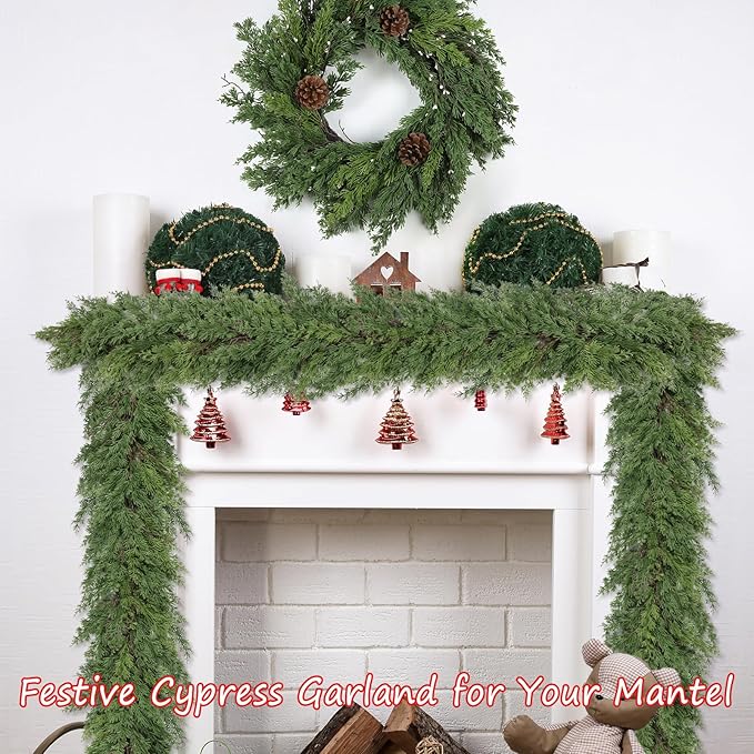 Artgar 16 Ft Christmas Garland - Cedar Garland - Cypress Garlands - Real Touch Pine Garlands - Garland Christmas Decorations for Home Dining Table Mantel Porch Winter Christmas Decor
