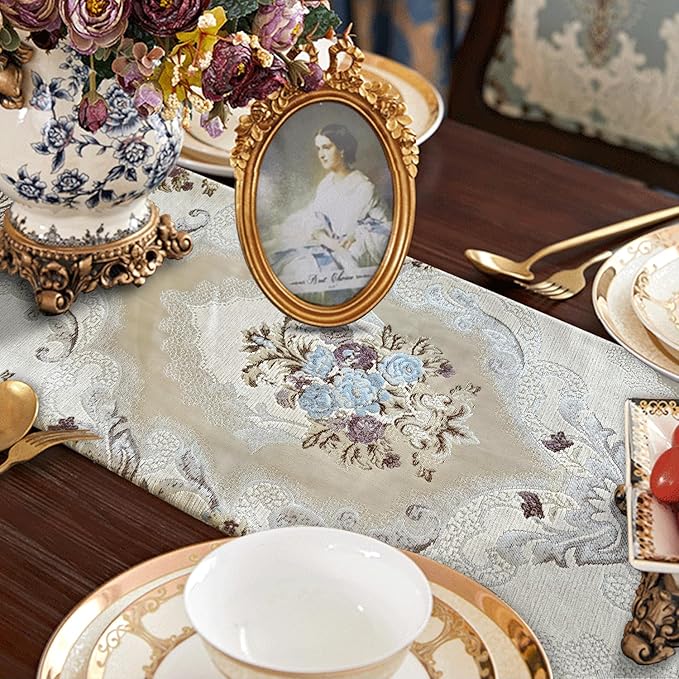 HeMiaor Exquisite Table Runner with Chenille and Elegant Chic Jacquard Textured Damask Design with Beaded Tassels for Daily Decoration 120 inches Long Beige