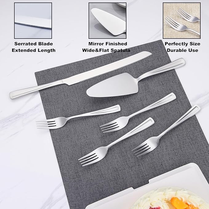 GoGeiLi Cake Knife and Server Set with 4 Salad Forks, Heavy-Duty 18/0 Stainless Steel Cake Cutting Set for Wedding Birthday Parties Anniversary, Dishwasher Safe