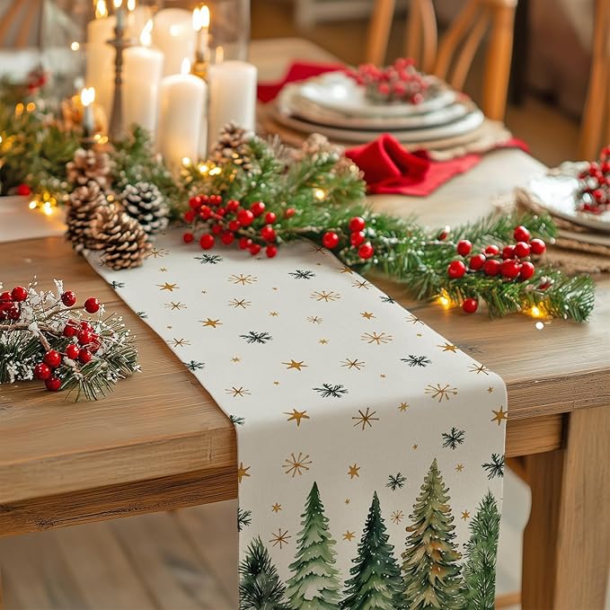 GEEORY Christmas Table Runner 13x48 Inch, Xmas Tees Snowflakes Holiday Decorative Farmhouse Table Decoration for Kitchen Dinning, Indoor Outdoor Dinner Party Decor (Light Green) GT166-48