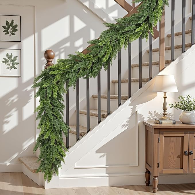 2PCS 6FT Artificial Christmas Garland, Real Touch Greenery Cypress Pine Garland for Mantle Table Railing Fireplace Indoor & Outdoor Christmas Decoration