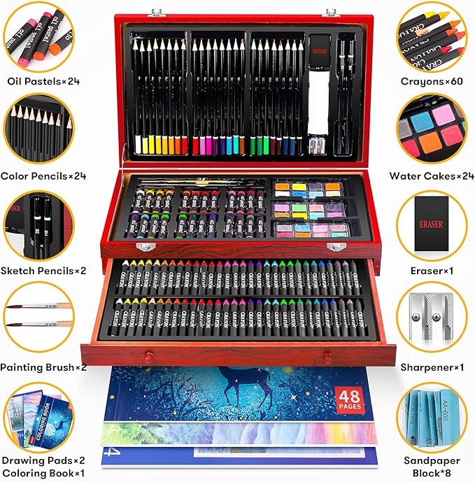 Art Supplies, 150-Pack Deluxe Wooden Art Set Crafts Drawing Painting Kit with 2 -Sketch Pads, 1-Coloring Book, Gift Box for Kids Adults Artist Beginners Teens Girls Boys 5 6 7 8 9 10 11 12