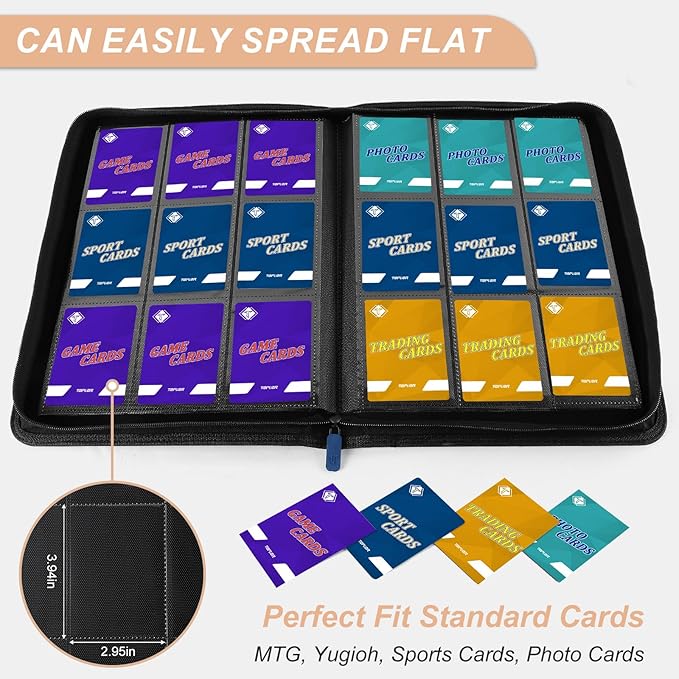 Trading Card Binder 9 Pocket, 432 Side-Loading TCG Album Folder Book Fit for MTG Baseball Football Sports Cards, Easy to Use Card Collection Binder with Zipper Blue