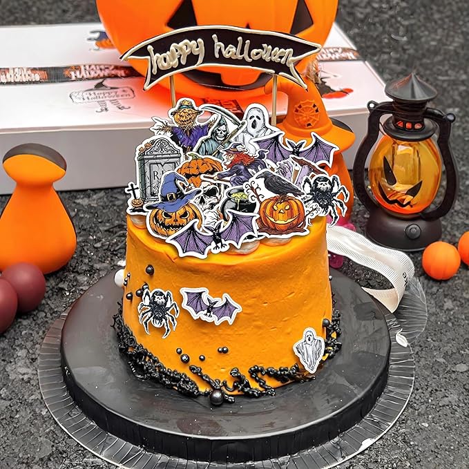 48pcs Edible Halloween Themed Pumpkin for Cake Decorating Spider Cupcake Toppers Bat Wedding Themed Party Birthday Cake Decoration(Tasteless)