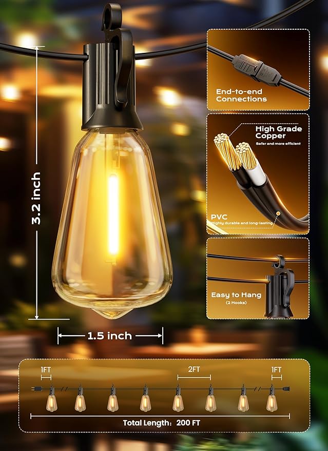 Brightown Outdoor String Lights, 200FT 100+2 LED ST38 LED Patio Lights Shatterproof, Dimmable IP65 Waterproof Connectable Hanging Outdoor Light for Backyard, Porch, Deck, Balcony