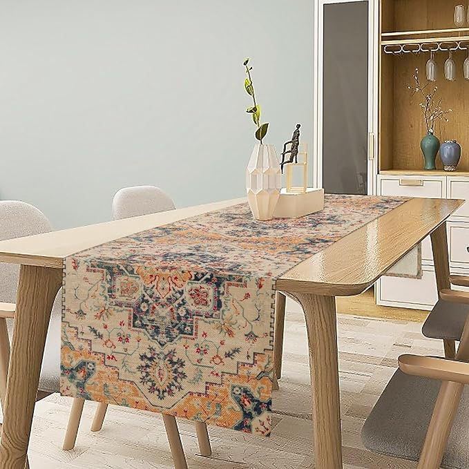 Bohemia Orange Table Runner, Rustic Farmhouse Vintage Geometric Floral Print Table Cover for Home Kitchen Dining Table Party Decor, 13x108inch